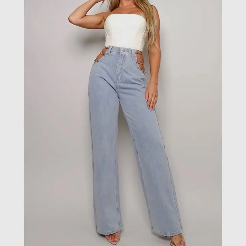 88-Y2K 90s Chic Chain Side Wide Leg Jeans - Picture 7 of 7